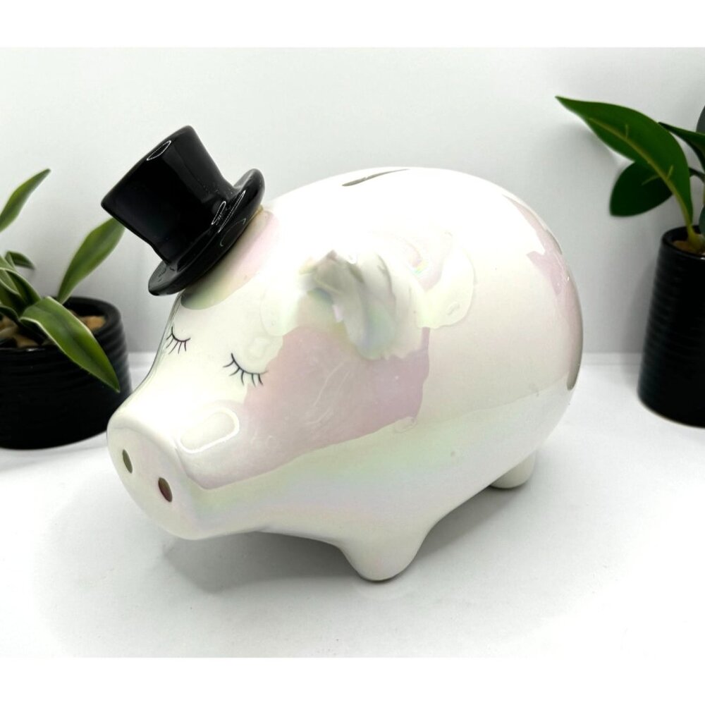 Ceramic Piggy Bank With Black Top Hat Iridescent Finish Coin Slot & Removable St